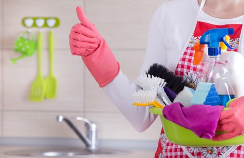 Cleaning supplies and organized tools for Airbnb turnover service